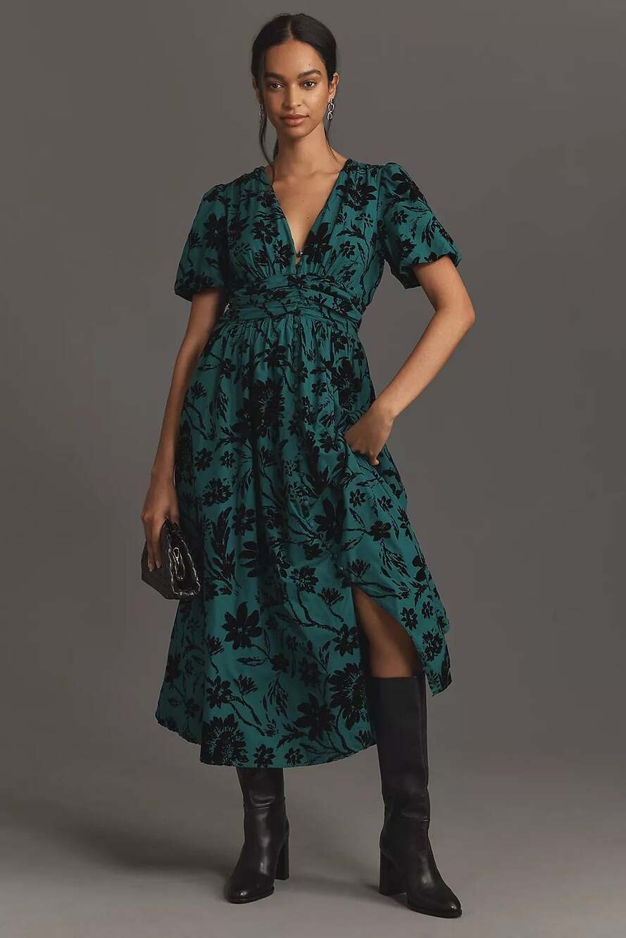 NWT Anthropologie The Katerina Button-Front Dress $198 XXS 00 Dark Green Floral